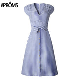 Vintage Striped Print Sleeveless Midi Dress-DKN Trend